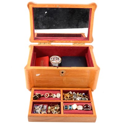 Lot 232 - A jewellery casket with vintage costume jewellery and cufflinks