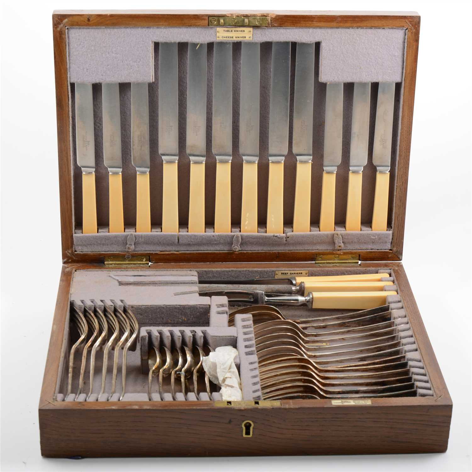 Lot 79 - A Walker & Hall silver-plated canteen of cutlery, 6 place settings, in oak case with vacant presentation plaque.