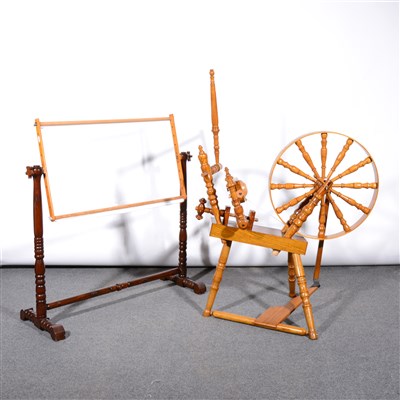 Lot 384 - Modern elm and ash spinning-wheel, and a stained embroidery frame