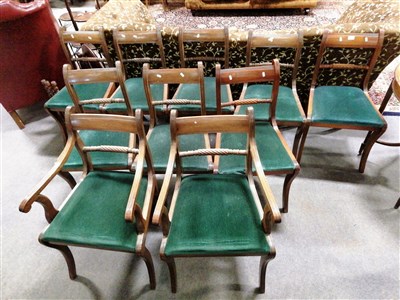 Lot 394 - Set of ten reproduction Regency pattern dining chairs, ...