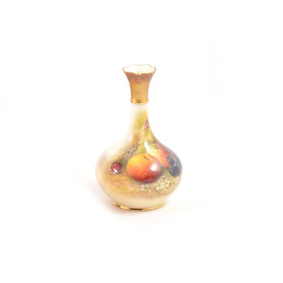 Lot 28 - A Royal Worcester bud vase, hand-painted apples, blackberries and cherries, signed Ricketts, model shape G702, date mark for 1925, 14.6cm.