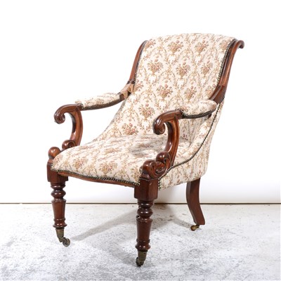 Lot 372 - Victorian mahogany scroll arm easy chair, and footstool upholstered en suite