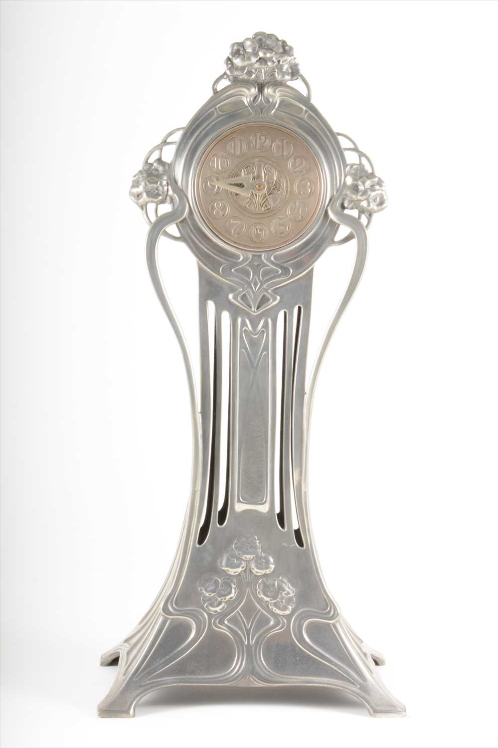 Lot 89 - An Art Nouveau silvered metal mantel clock, by WMF, circa 1900