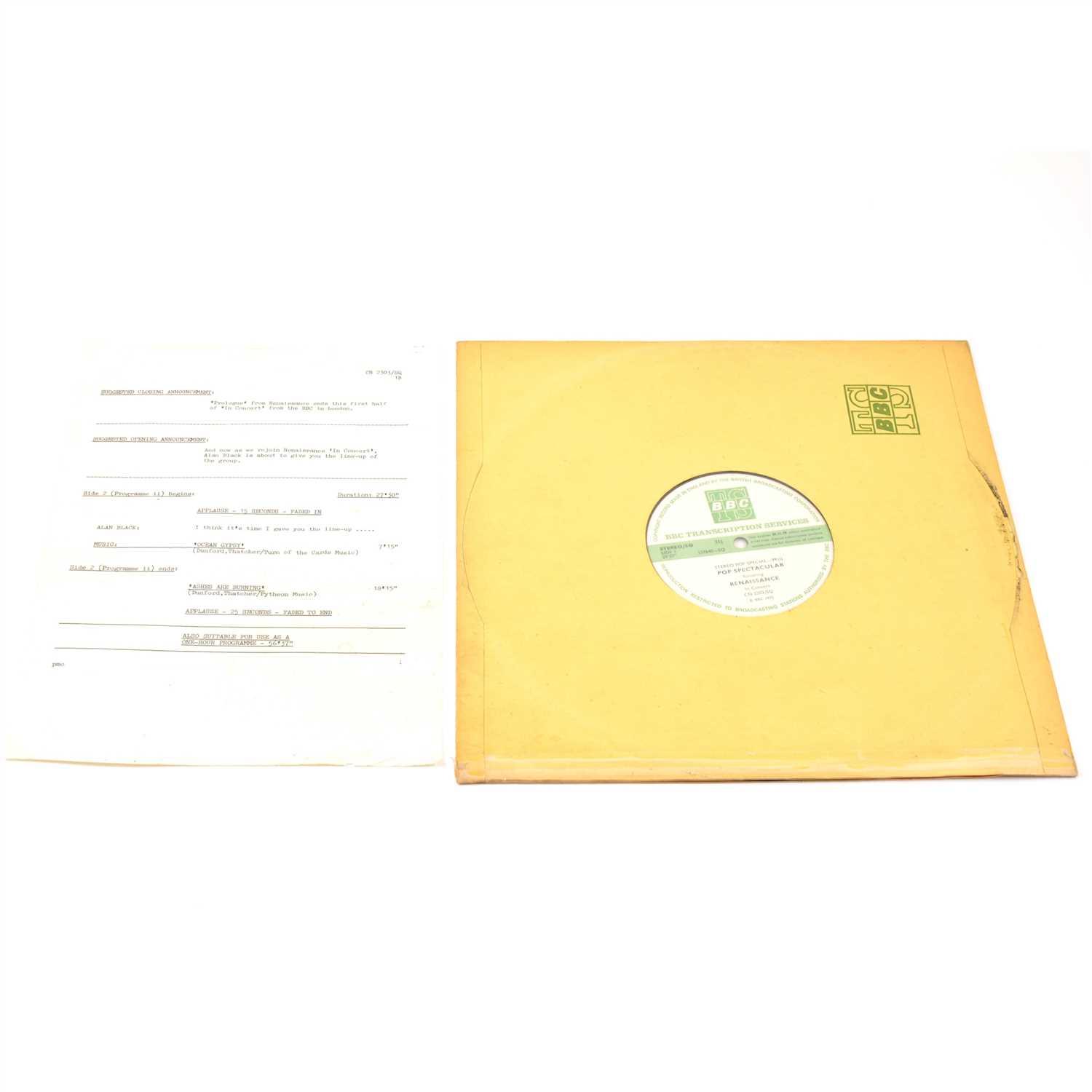 Lot 56 - Renaissance - BBC Transcription Services vinyl record, Live In Concert At The Hippodrome, Golders Green 1975