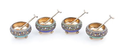 Lot 116 - Two pairs of silver-gilt and cloisonné enamel salts with silver spoons by Karl Fabergé