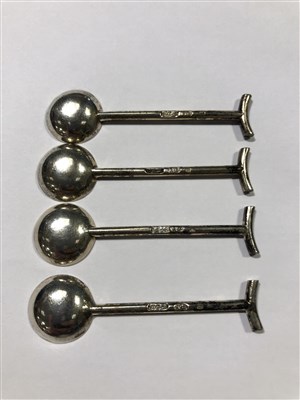 Lot 116 - Two pairs of silver-gilt and cloisonné enamel salts with silver spoons by Karl Fabergé