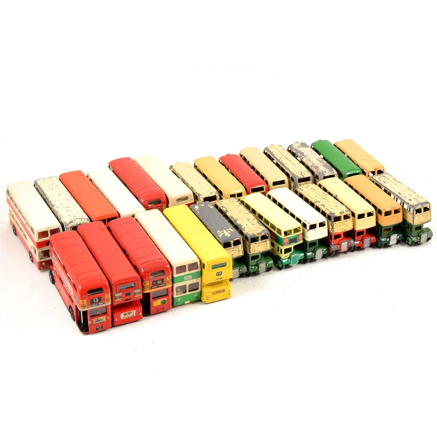 Lot 156 - Dinky Toys die-cast models; twenty seven loose playworn and re-painted selection of double decker buses.
