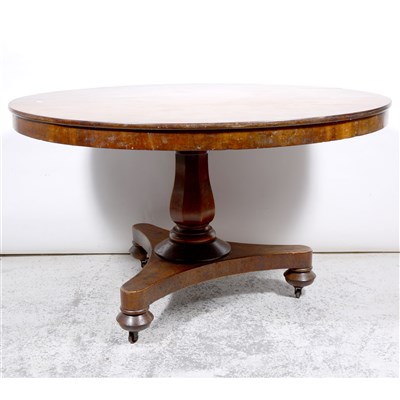 Lot 490 - Victorian mahogany breakfast table, circular tilt top, baluster column, platform base, diameter 130cm.