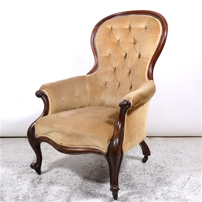 Lot 492 - Victorian mahogany framed easy chair, buttoned dralon, cabriole legs, 77cm.