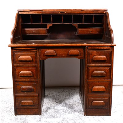 Lot 507 - Small oak roll-top desk, S-shape tambour, twin pedestals with drawers, 108cm.