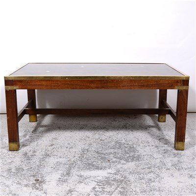 Lot 534 - Contemporary mahogany coffee table, the top inset with a printed map, brass mounts, 103cm.