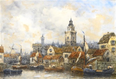 Lot 266 - J. van Couver, harbour scene, watercolour, signed, 37cm x 52cm.