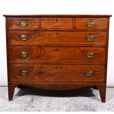 Lot 547 - Early Victorian mahogany chest of drawers, rectangular top, three short and three long graduating drawers, shaped apron, bracket feet, width 116cm.