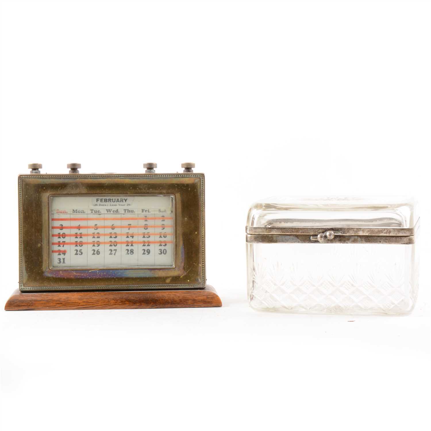 Lot 95 - Edwardian oak perpetual desk calendar and a glass box