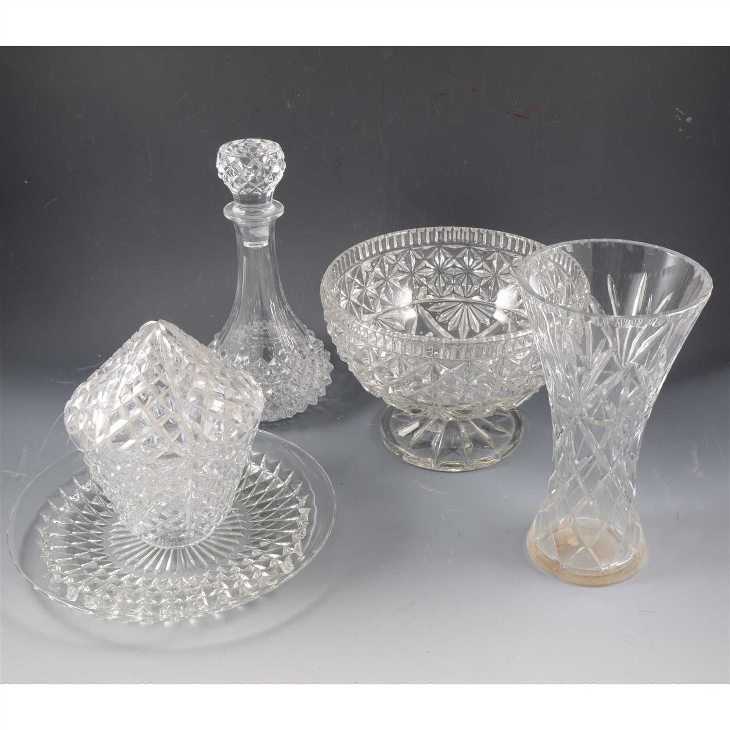 Lot 23 - Cut glass table lamp, an oil lamp and other glassware.