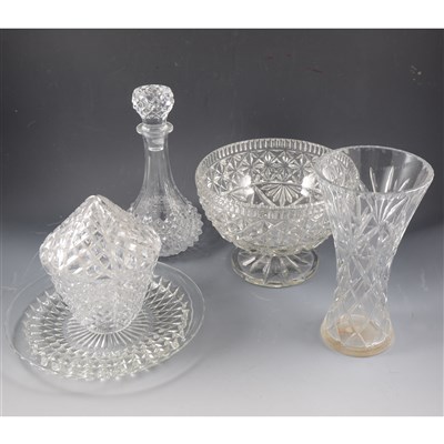 Lot 23 - Cut glass table lamp, an oil lamp and other glassware.