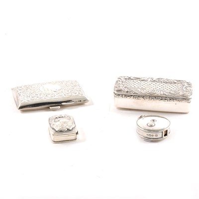 Lot 167 - Four silver items, to include a Scottish silver snuff box, cigarette case, pill box and tape measure