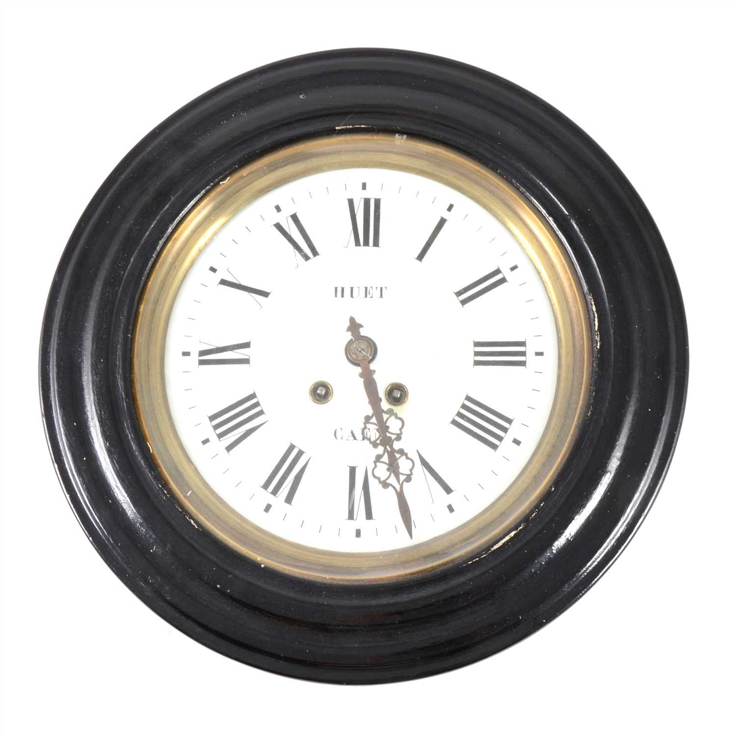 Lot 100 - French wall-clock, circular enamelled dial, signed Huet, Caen, ...