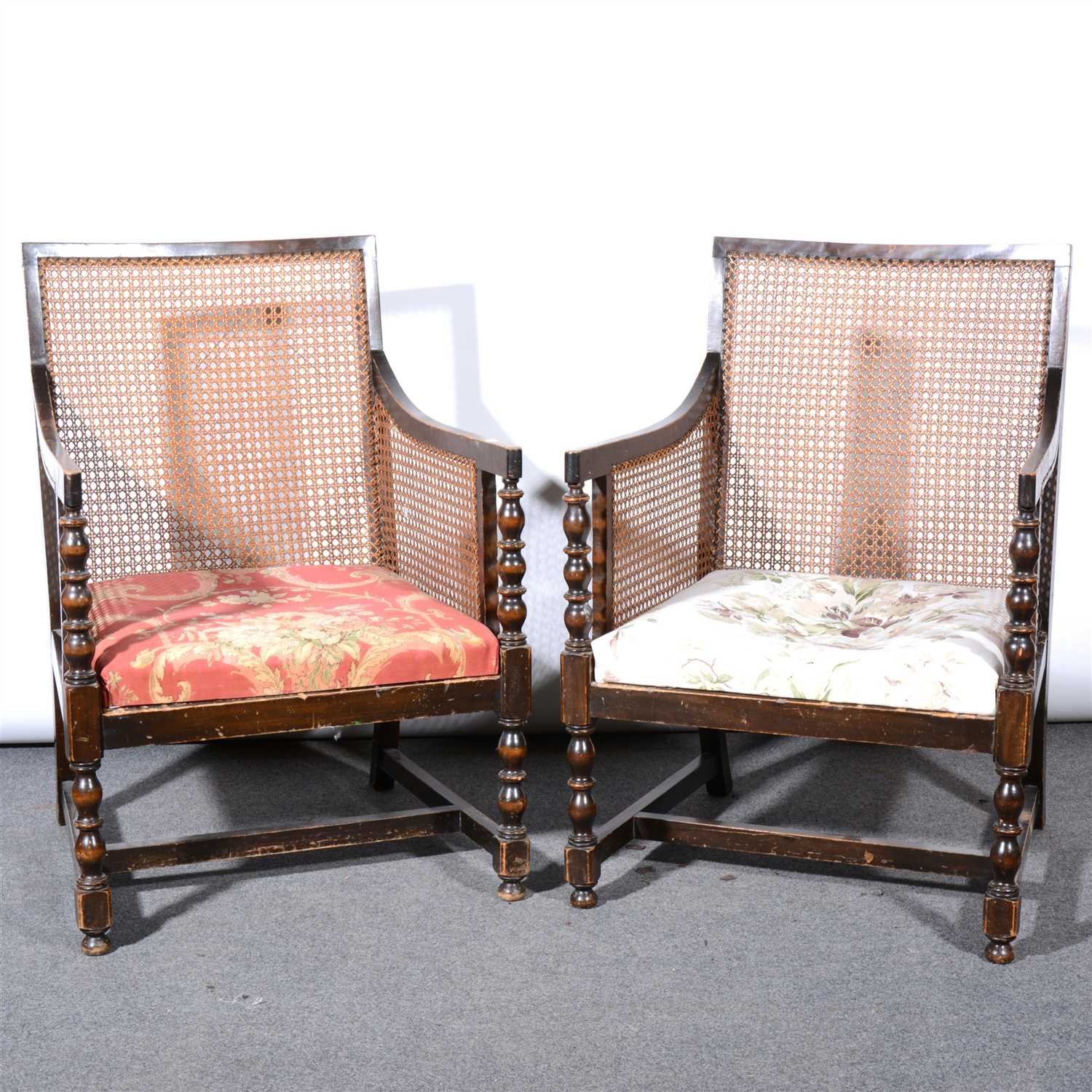 Lot 370 - Pair of stained wood bergere library chairs