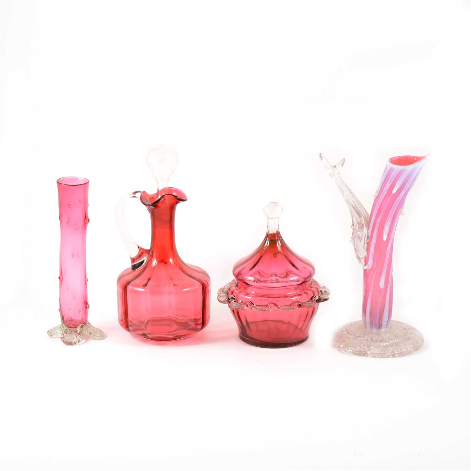 Lot 27 - Nailsea type festooned glass flask, and other cranberry glass.