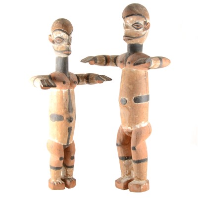 Lot 70 - Near pair of painted soft wood tribal freestanding figures, probably Gabon, early 20th century