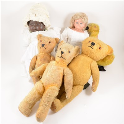 Lot 355 - Dolls and teddy bears, two dolls, three teddy bears and a duck.