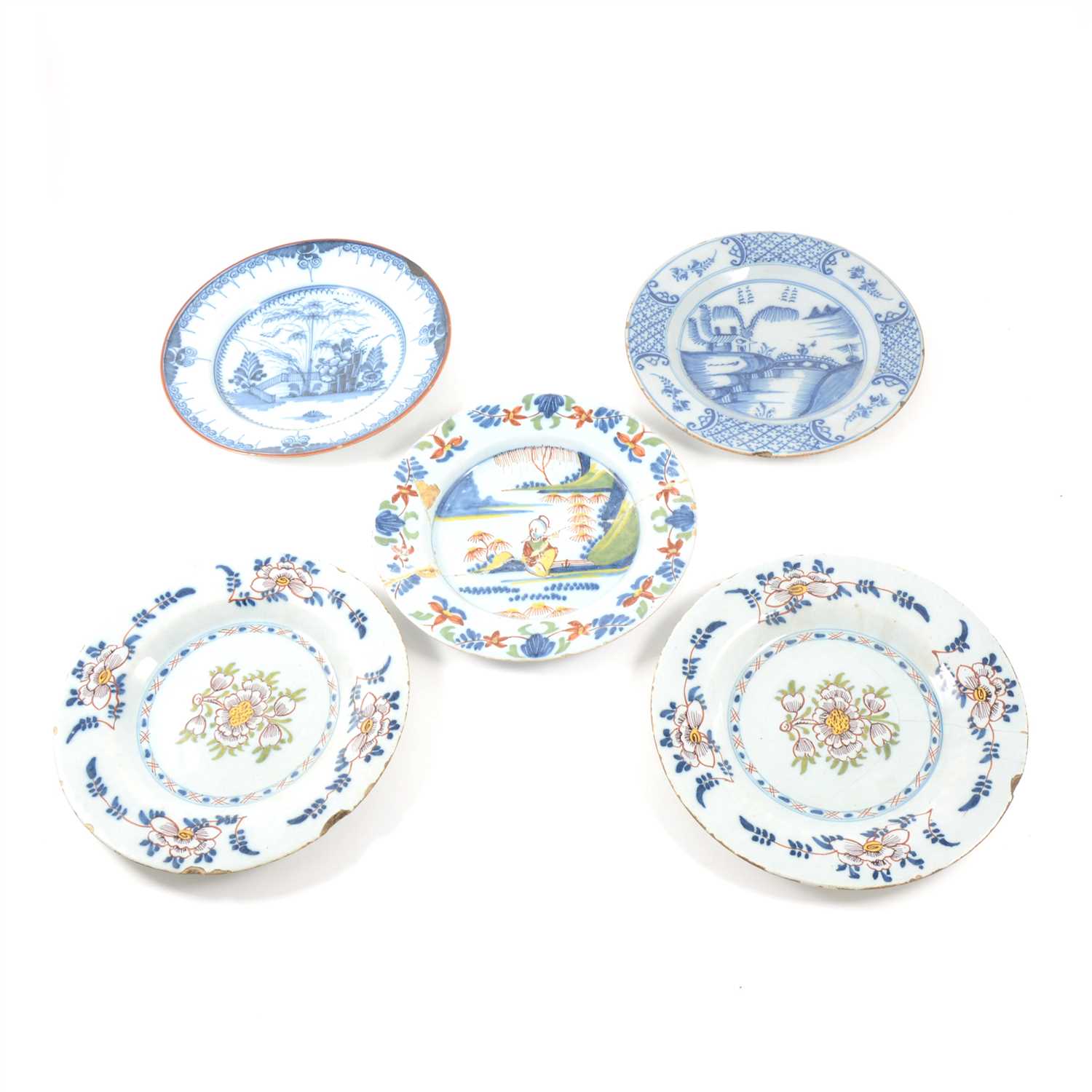 Lot 57 - Near pair of Dutch Delft plates, 18th Century, and three other Delft plates
