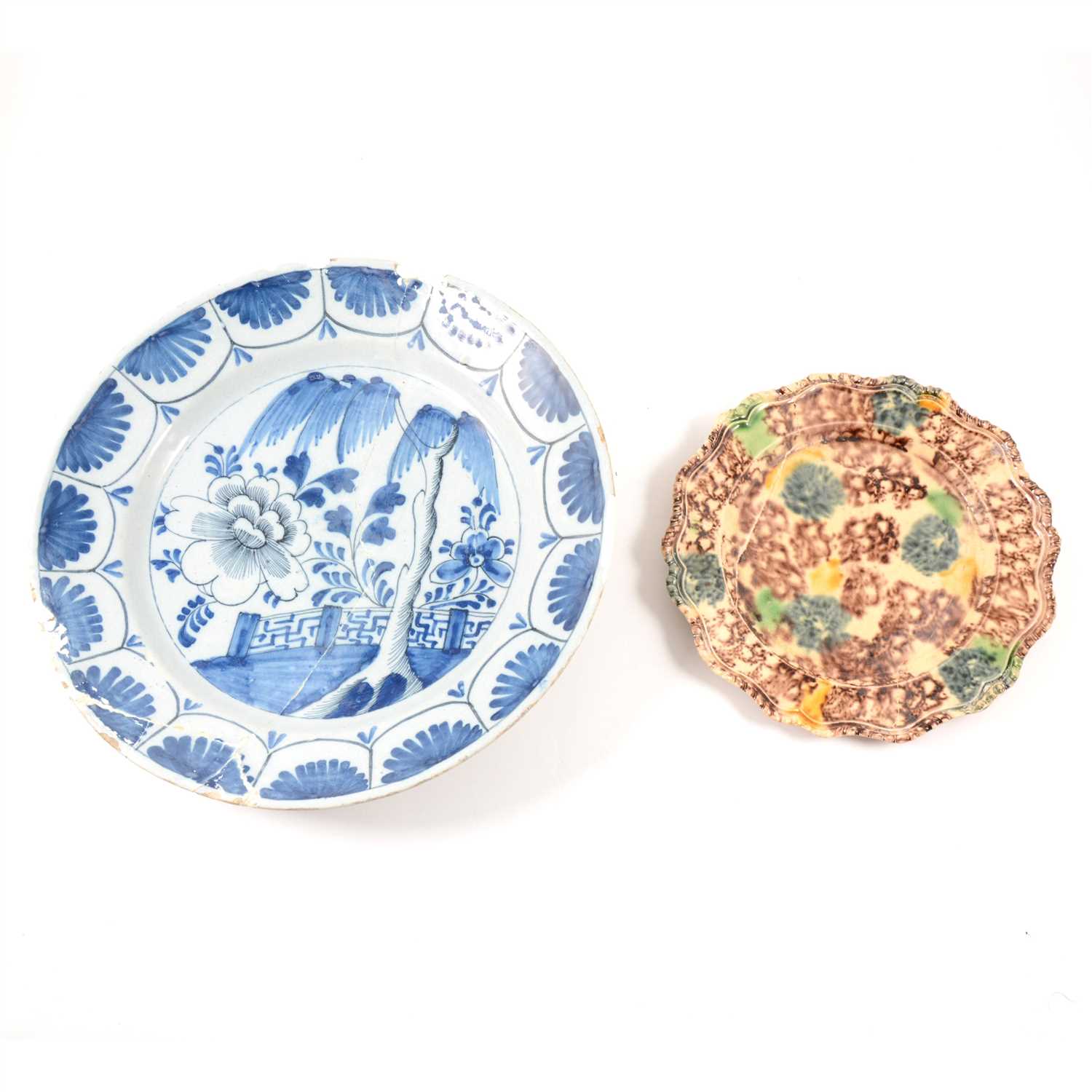 Lot 7 - Whieldon type creamware plate, mid 18th Century, and a Delft dish