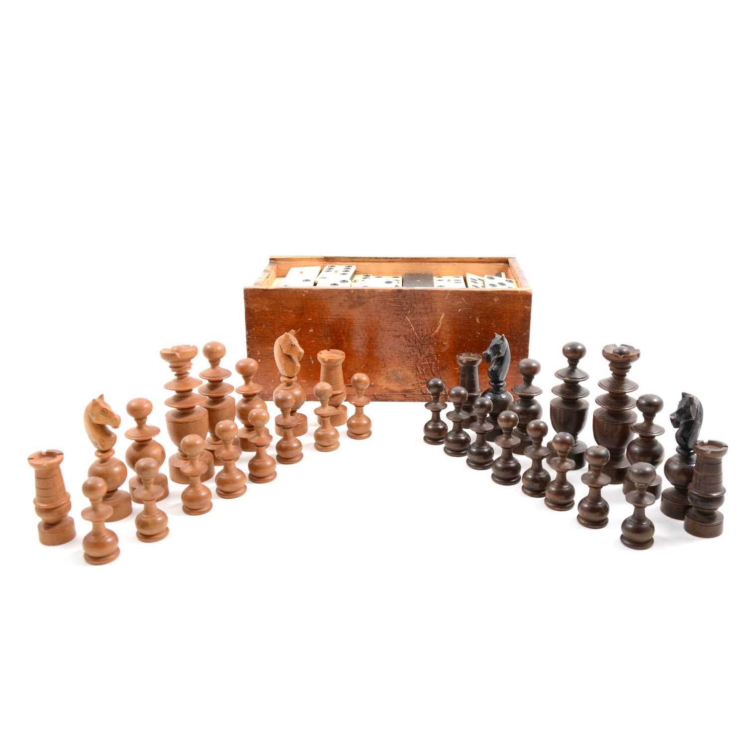 Lot 69 - Matched set of boxwood 'St George' style chess pieces , two sets of dominoes and folding chequer-board.