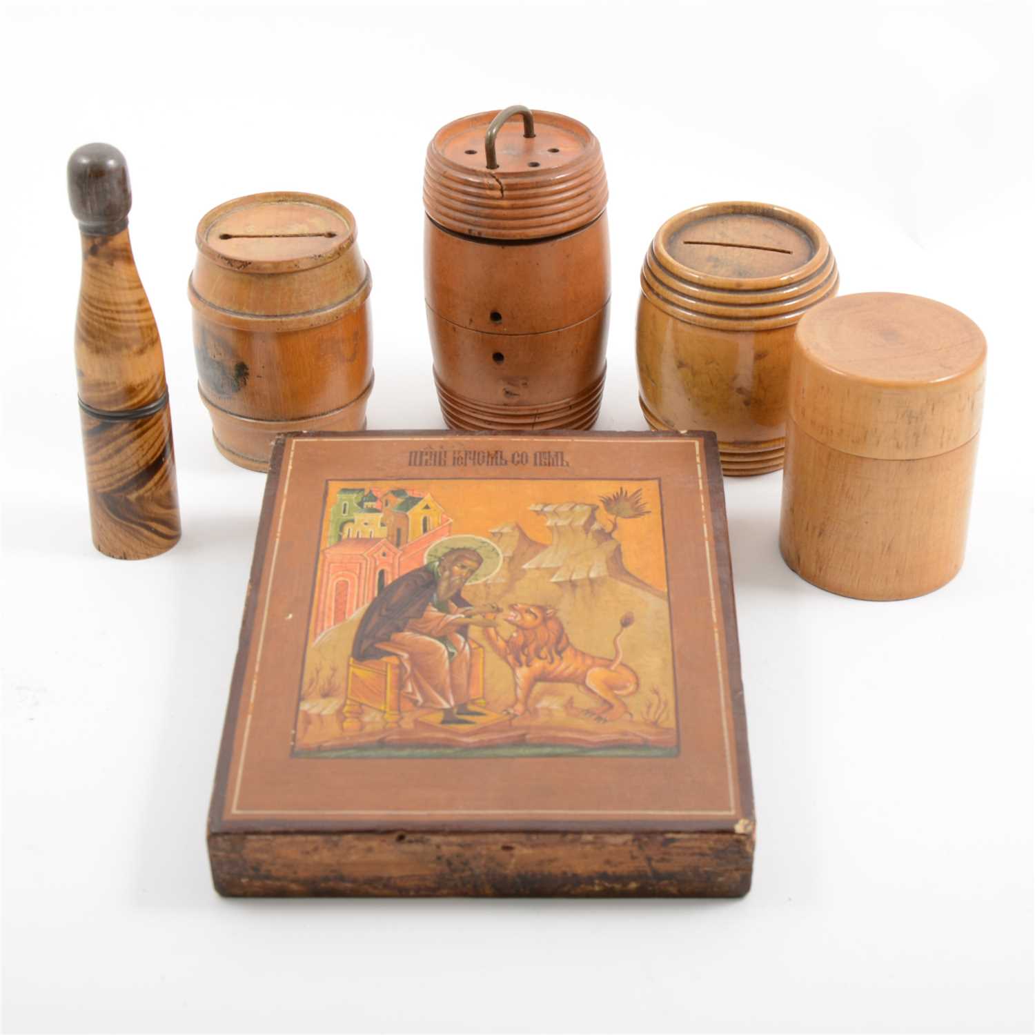 Lot 67 - Miscellaneous treen barrels., leather travelling jewel case, an icon showing Saint Jerome, etc