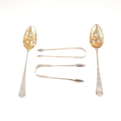 Lot 188 - A pair of George III silver sugar tongs by Peter, Ann & William Bateman, London 1805, a pair of Victorian fiddle pattern tongs by Henry Holland (of Holland, ,Aldwinckle & Slater), London 1850
