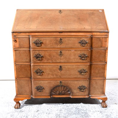 Lot 355 - A Queen Anne style reproduction walnut and figured walnut bureau, Lowes of Loughborough, ...