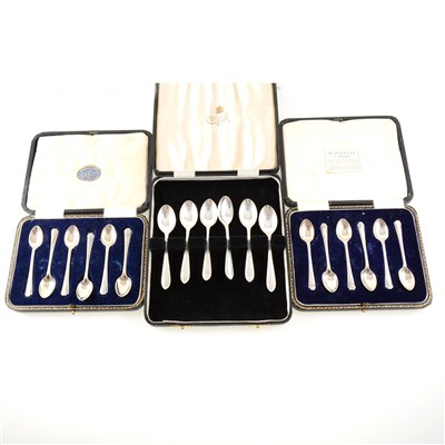 Lot 202 - A cased set of six silver teaspoons by Viner's Ltd (Emile Viner), Sheffield 1961, another cased set by Cooper Brothers & Sons Ltd, Sheffield 1921, and two cased sets of six silver coffee spoons