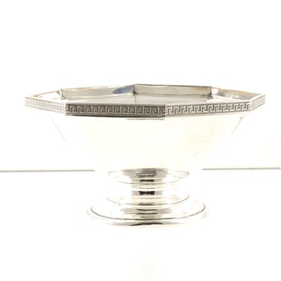 Lot 213 - A silver bowl by Mappin & Webb, octagonal shape with stylised Greek key border, round base, Sheffield 1946, 16.5cm diameter, weight approx. 9.5oz.