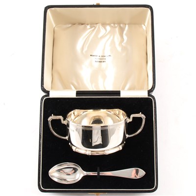 Lot 175 - A silver twin-handled porringer and spoon by Adie Brothers Ltd, in presentation case from Pearce & Sons Ltd, Silversmiths, Leicester, Birmingham 1940, total weight approx. 6.1oz.