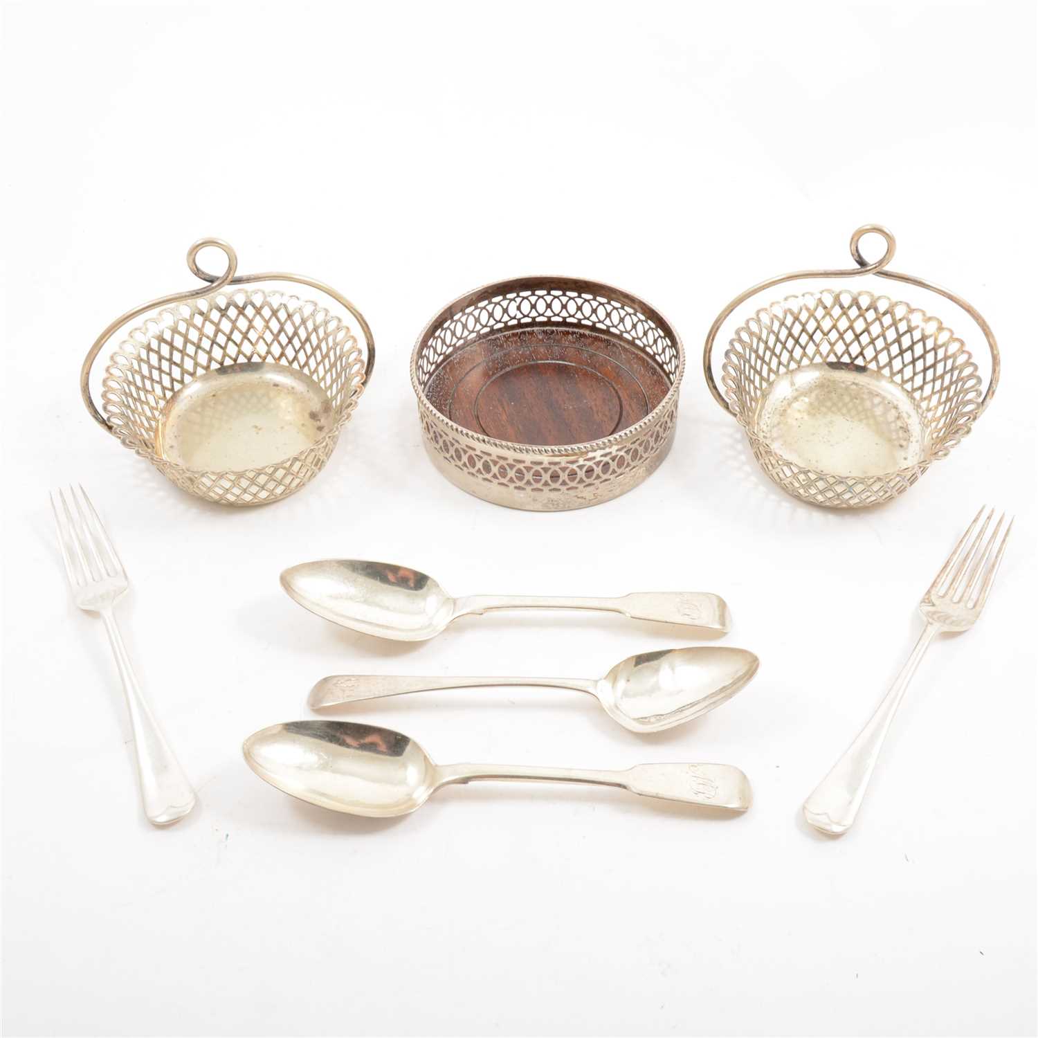 Lot 248 - A quantity of silver flatware plus some plated items, to include six forks by Z Barraclough & Sons (James Henry & Herbert Barraclough), London 1940, five small forks by Atkin Brothers, Sheffield 1942