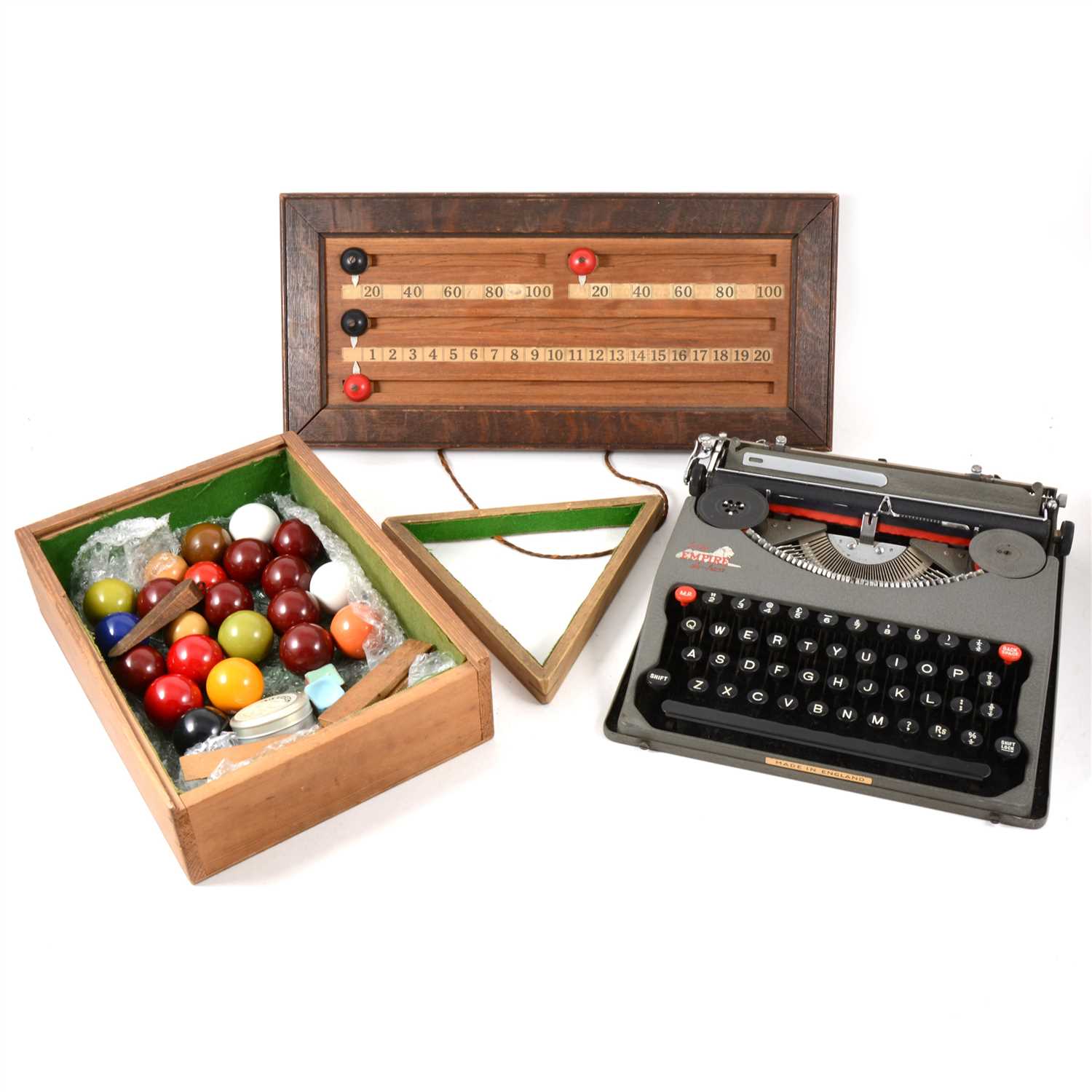 Lot 58 - Baby Empire Deluxe portable typewriter, half-size snooker balls, etc