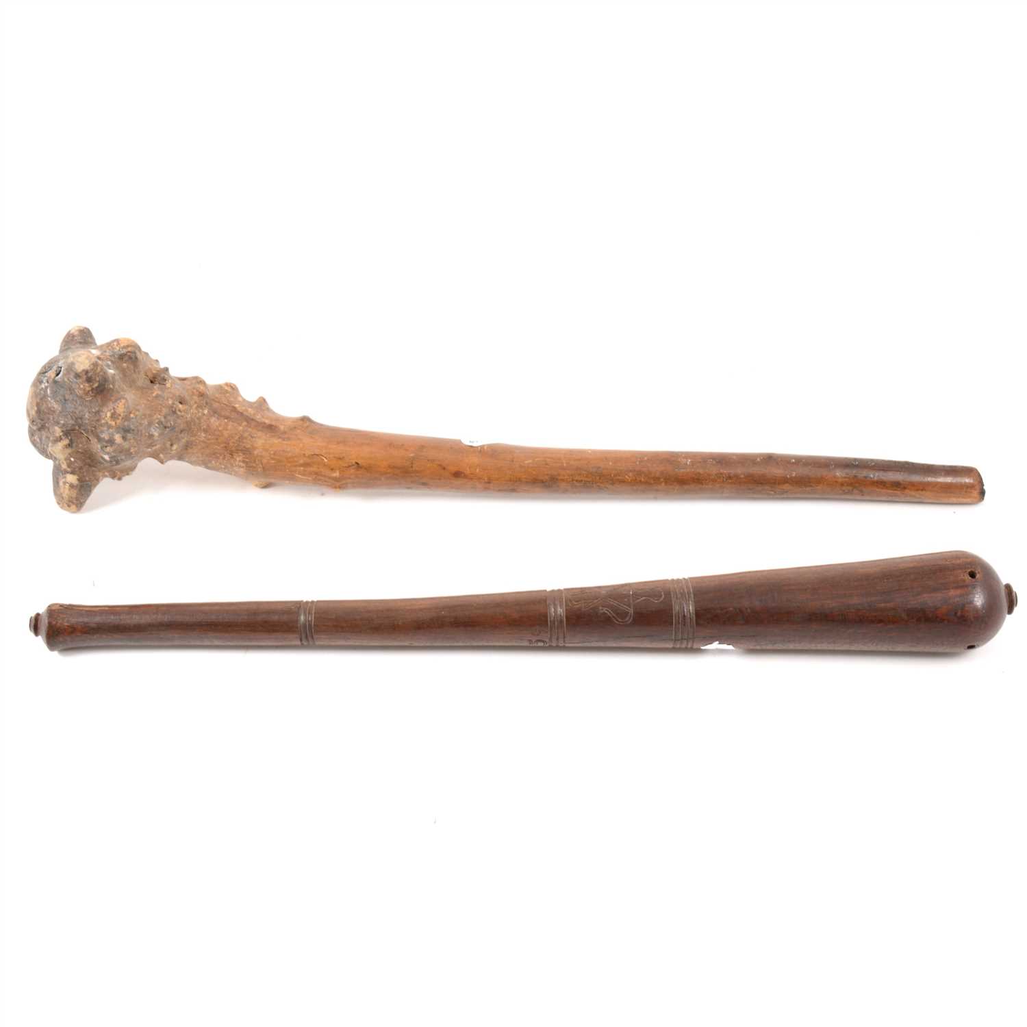 Lot 84 - Colonial hardwood truncheon, dated 1959, and another wooden club.