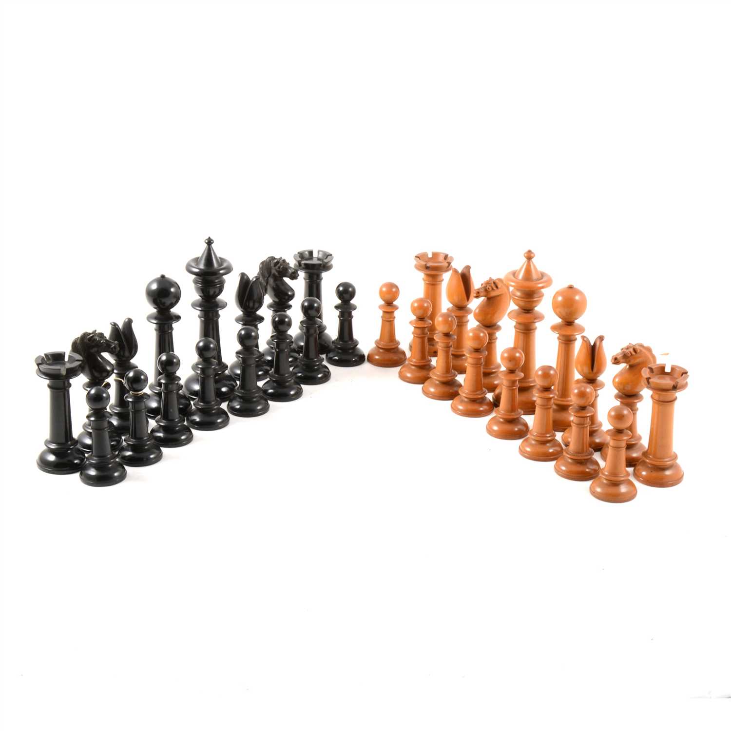 363 - Staunton pattern boxwood and ebony chess set, W Leuchars, Piccadilly, London
