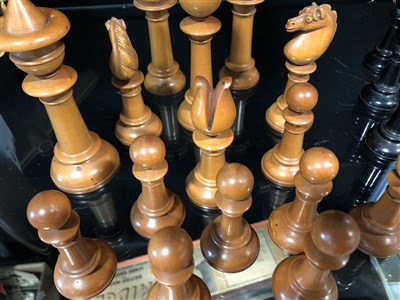 Lot 363 - Staunton pattern boxwood and ebony chess set, W Leuchars, Piccadilly, London