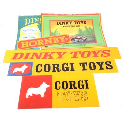 Lot 160 - Selection of reproduction Dinky and Corgi plastic signs, collectors calenders, and card cut outs.