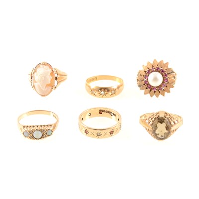 Lot 225 - Six various gold rings, including an 18 carat star gypsy set ring with three diamonds