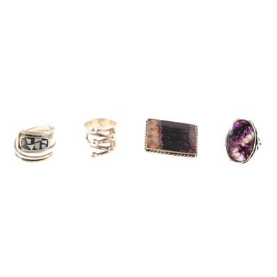 Lot 226 - A silver ring and brooch set with blue john, and two vintage chunky silver rings from Norway and Israel.