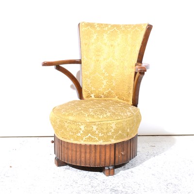 Lot 361 - Oak sewing chair, upholstered in gold coloured patterned brocade.