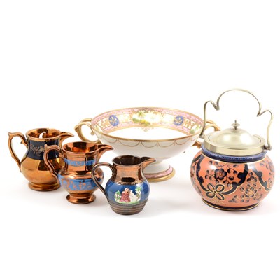 Lot 24 - Noritake comport; Staffordshire biscuit barrel; pair of Staffordshire models of King Charles Spaniels; and a collection of copper lustre jugs.
