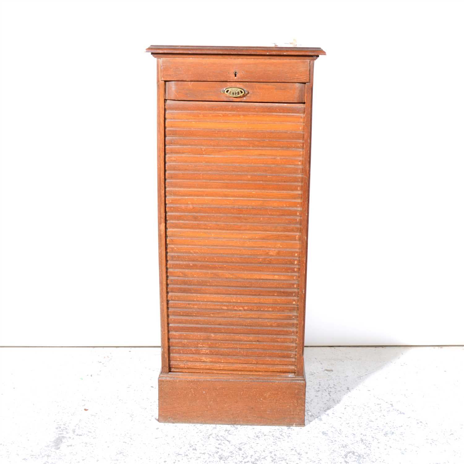 Lot 383 - Oak and stained wood tambour front filing cabinet.