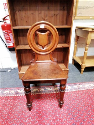 Lot 348 - Victorian mahogany hall chair, back with shield splat, solid seat, 88cm; Victorian beechwood bedroom chair and an elm and beech kitchen chair, (3)