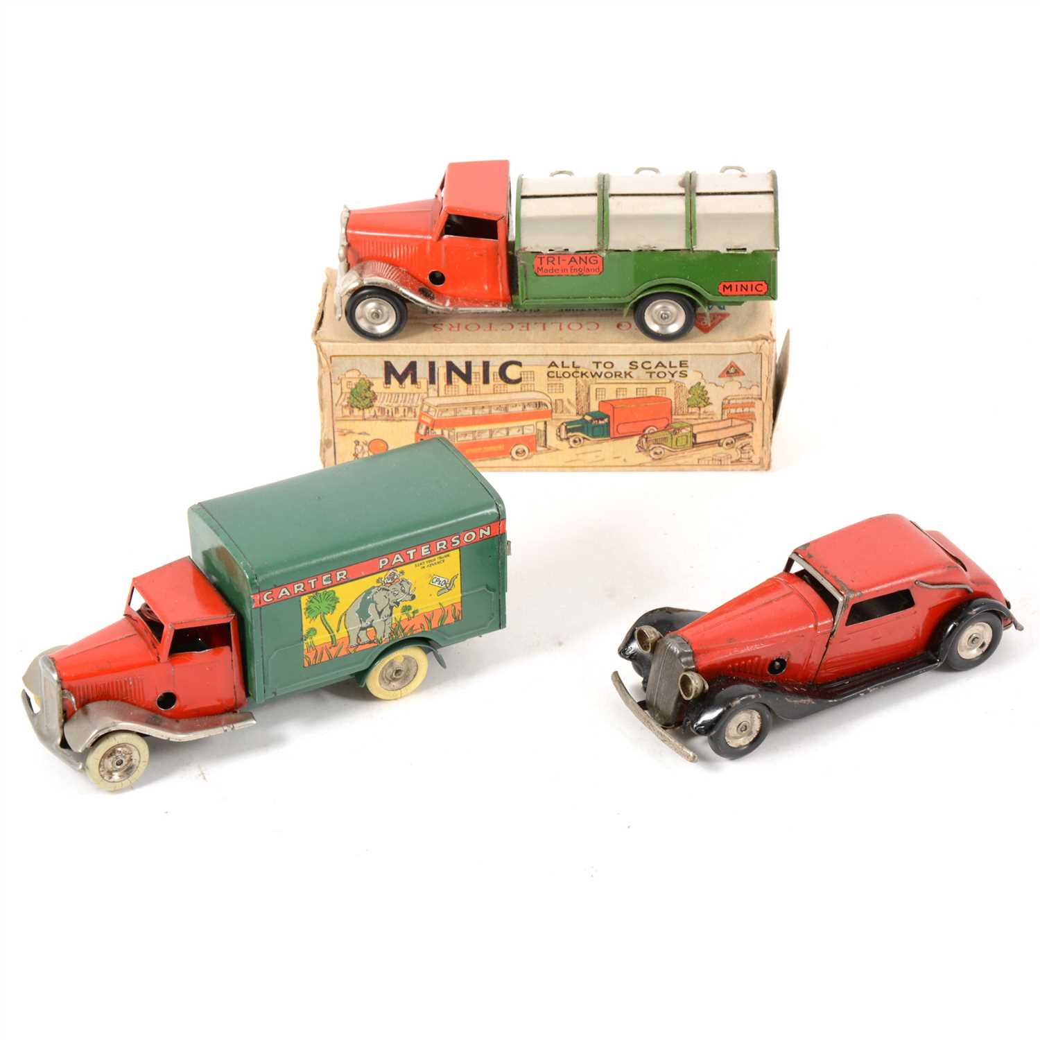 Lot 61 - Tri-ang Minic Toys; Three tin-plate models including dust cart boxed, "Carter Paterson" truck, and a motor car.