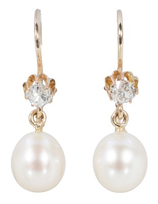 Lot 178 - A pair of pearl and diamond drop earrings.