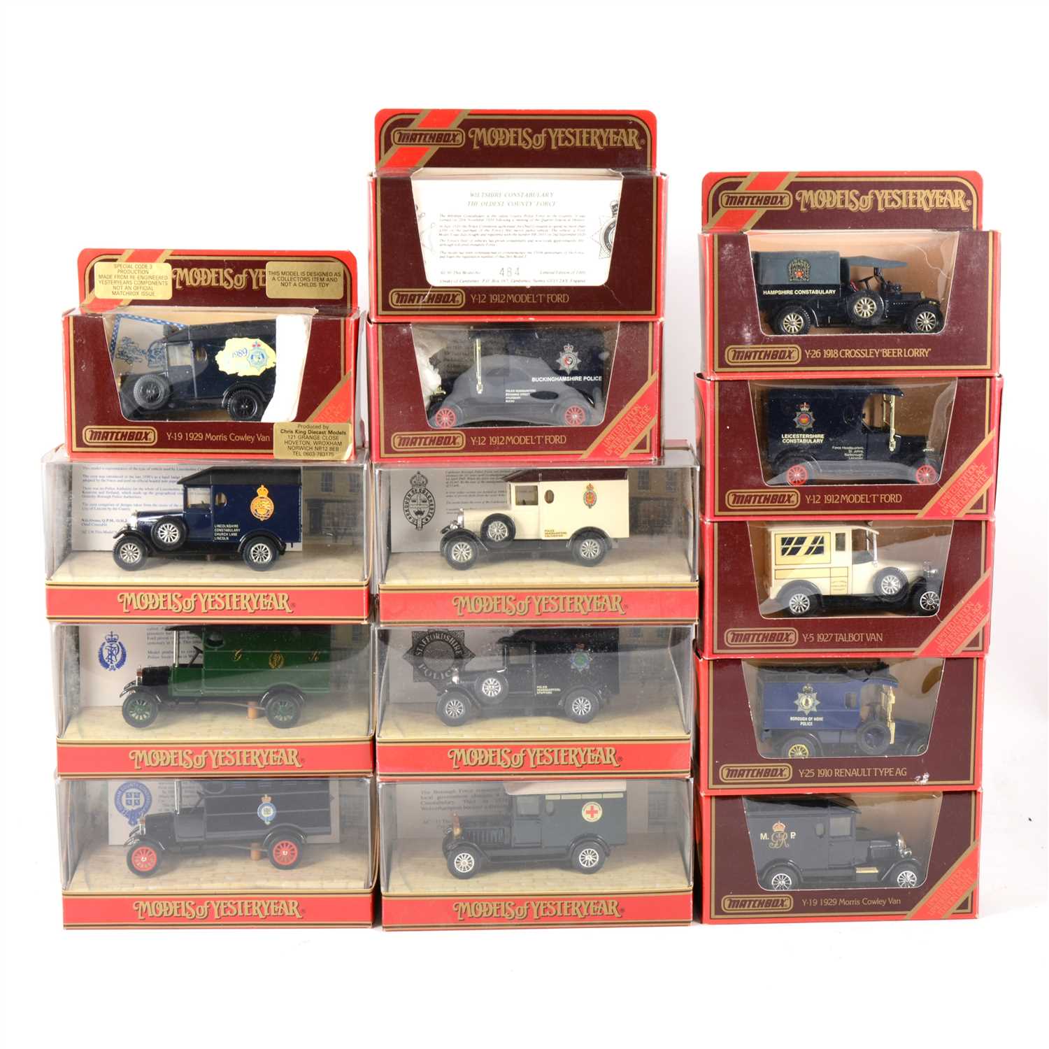 Lot 225 - Limited edition Matchbox Models of Yesteryear; fourteen die-cast models all with decals relating to the Police forces